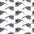 Hand drawn watercolor seamless pattern of silhouettes of a black pretty kitten.