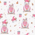 Hand drawn watercolor seamless pattern with a sleepy cozy brownie.