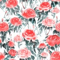 Hand-drawn watercolor seamless pattern with stylized china pink roses