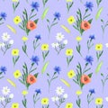 Watercolor seamless pattern of meadow flowers on a blue background.