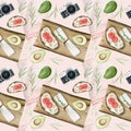 Hand drawn watercolor seamless pattern of summer picnic elements. Food, eating