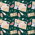 Hand drawn watercolor seamless pattern of summer picnic elements. Food, eating