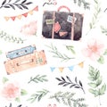 Hand drawn watercolor seamless pattern with traveland floral elements. Fashion suitcases with stickers, flowers, flags. Trip to