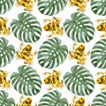 Hand drawn watercolor seamless pattern with tree frogs and monstera leaves. Stock illustration with colorful plants and amphibians Royalty Free Stock Photo