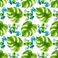 Hand drawn watercolor seamless pattern with tree frogs and monstera leaves. Stock illustration with colorful plants and amphibians Royalty Free Stock Photo