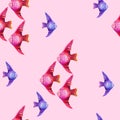 Hand drawn watercolor seamless pattern of tropical fish.