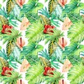 Hand drawn watercolor seamless pattern with tropical leaves