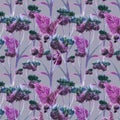 Hand drawn watercolor seamless pattern of a violet and green gentle meadow thistle on a gray background.