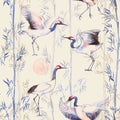 Hand-drawn watercolor seamless pattern with white Japanese dancing cranes