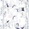 Hand-drawn watercolor seamless pattern with white Japanese dancing cranes