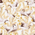 Hand drawn watercolor seamless pattern with wild cranes and golden sakura plants