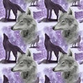 hand drawn watercolor seamless pattern wolf in night forest