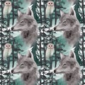 hand drawn watercolor seamless pattern with wolf and owl in forest Royalty Free Stock Photo