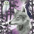 hand drawn watercolor seamless pattern with wolf and owl in forest Royalty Free Stock Photo