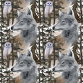 hand drawn watercolor seamless pattern with wolf and owl in forest Royalty Free Stock Photo