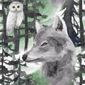 hand drawn watercolor seamless pattern with wolf and owl in forest Royalty Free Stock Photo