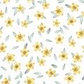 Hand drawn watercolor seamless pattern with yellow flowers and leaves. Green plants on a white background. Design for fabric, wall Royalty Free Stock Photo