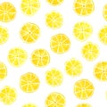 Hand drawn watercolor seamless pattern yellow lemon and olive green lime citrus slices. Trendy fresh organic fruits Royalty Free Stock Photo