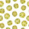 Hand drawn watercolor seamless pattern yellow lemon and olive green lime citrus slices. Trendy fresh organic fruits Royalty Free Stock Photo