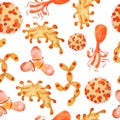 Hand drawn watercolor seamless pattern of yellow orange red viruses and bacteria isolated set. Microscopic cell illness