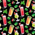 Hand drawn watercolor pattern with drink. Cocktail, mojito, mint and berry