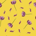 Hand drawn watercolor seamless tulips pattern on yellow background