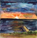 Hand drawn watercolor seascape. Bright sunset. Dark cloudy and stormy sky. Sea and ocean landscape. For postcards and posters. Wal Royalty Free Stock Photo