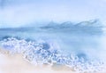 Hand drawn watercolor seascape. Water and surf on the beach with water and sky landscape. Isolated on white background