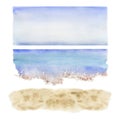 Hand drawn watercolor seascape. Water and surf on the beach with water and sky landscape. Isolated on white background