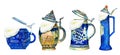 Hand drawnillustration set of four bavarian beer ceramic mugs with beer foam