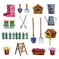 Hand drawn watercolor set of isolated gardening tools