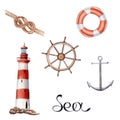 Hand drawn watercolor set with lighthouse, knot, vessel parts isolated