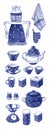 Hand drawn watercolor set of retro blue kitchenware