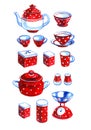 Hand drawn watercolor set of retro red kitchenware