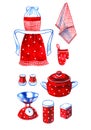 Hand drawn watercolor set of retro red kitchenware