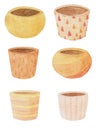 Hand drawn watercolor set of six pots for plants isoltaed Royalty Free Stock Photo