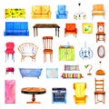 Hand drawn watercolor set of stylized colorful furniture