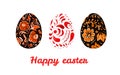 Hand drawn watercolor set of three easter eggs in russian style with greeting Royalty Free Stock Photo