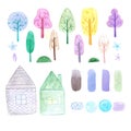 Hand drawn watercolor set of trees, houses, spots isolated on white. Can be used for children textile, wrapping paper, label