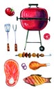 Hand drawn watercolor set of various objects and food for picnic, summer eating out, grill and barbecue Royalty Free Stock Photo