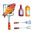 Hand drawn watercolor set of various objects for picnic, summer eating out and barbecue - fish and sauces Royalty Free Stock Photo