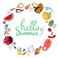 Hand drawn watercolor set of various objects for picnic, summer eating out and barbecue in round frame with lettering Royalty Free Stock Photo