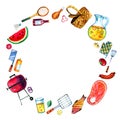 Hand drawn watercolor set of various objects for picnic, summer eating out and barbecue in round frame Royalty Free Stock Photo