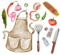 Hand drawn watercolor set of various objects for picnic, summer eating out and barbecue - meat and sauces on white Royalty Free Stock Photo