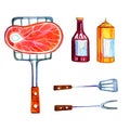 Hand drawn watercolor set of various objects for picnic, summer eating out and barbecue - meat and sauces