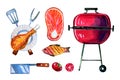 Hand drawn watercolor set of various objects for picnic, summer eating out, grill and barbecue