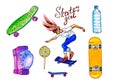 Hand drawn watercolor Skatebaording set: skateboards, jumping girl, bottle of water and knee pad Royalty Free Stock Photo