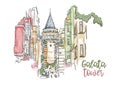 A hand drawn watercolor sketch of Galata Tower, Istanbul, Turkey. A famous sightseeing of Turkey