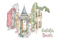 A hand drawn watercolor sketch of Galata Tower, Istanbul, Turkey. A famous sightseeing of Turkey