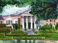 Hand drawn watercolor sketch. Historical building. Summer landscape. Classical style. Public park with pond. Moscow botanical